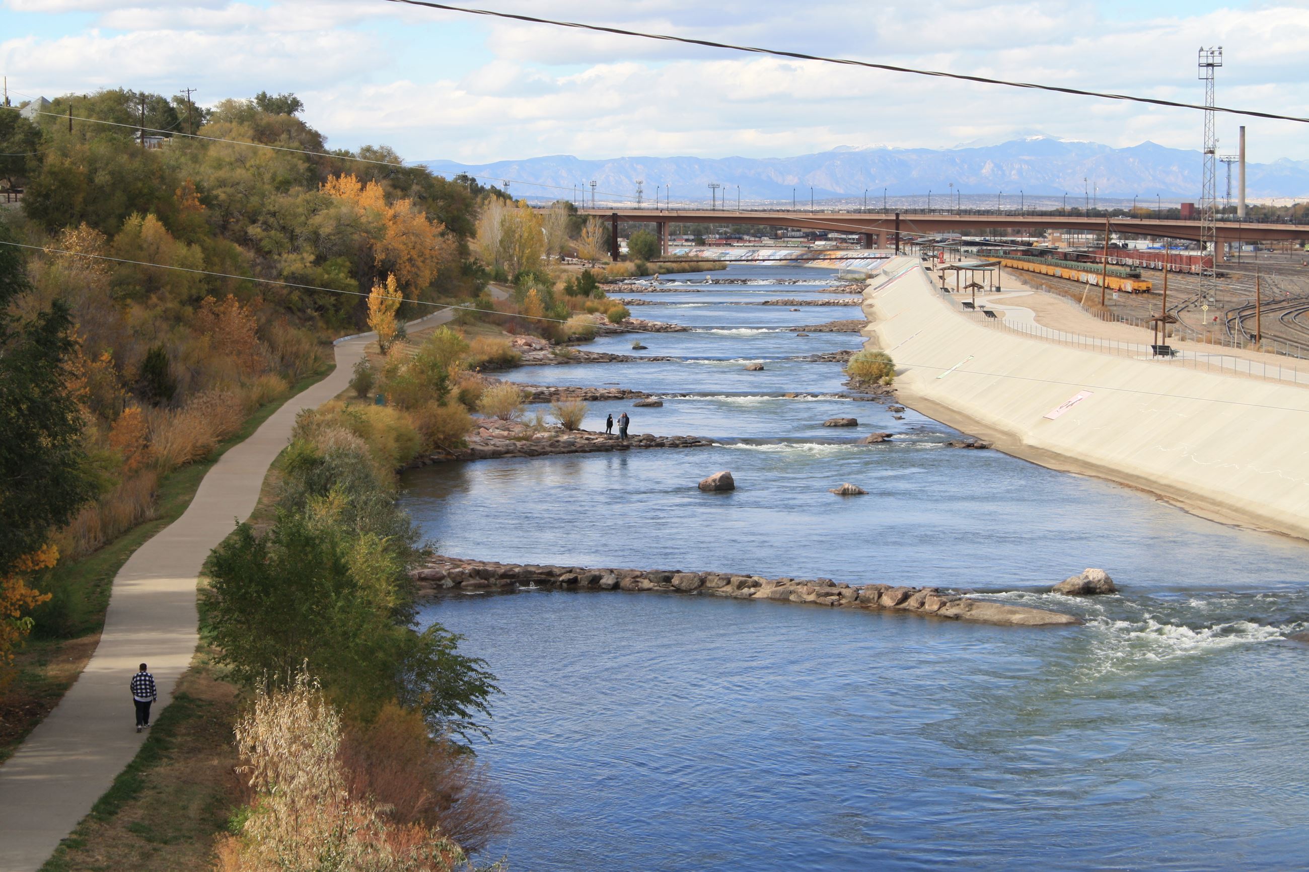 Aerial view of the Whitewater Park looking upstream. 