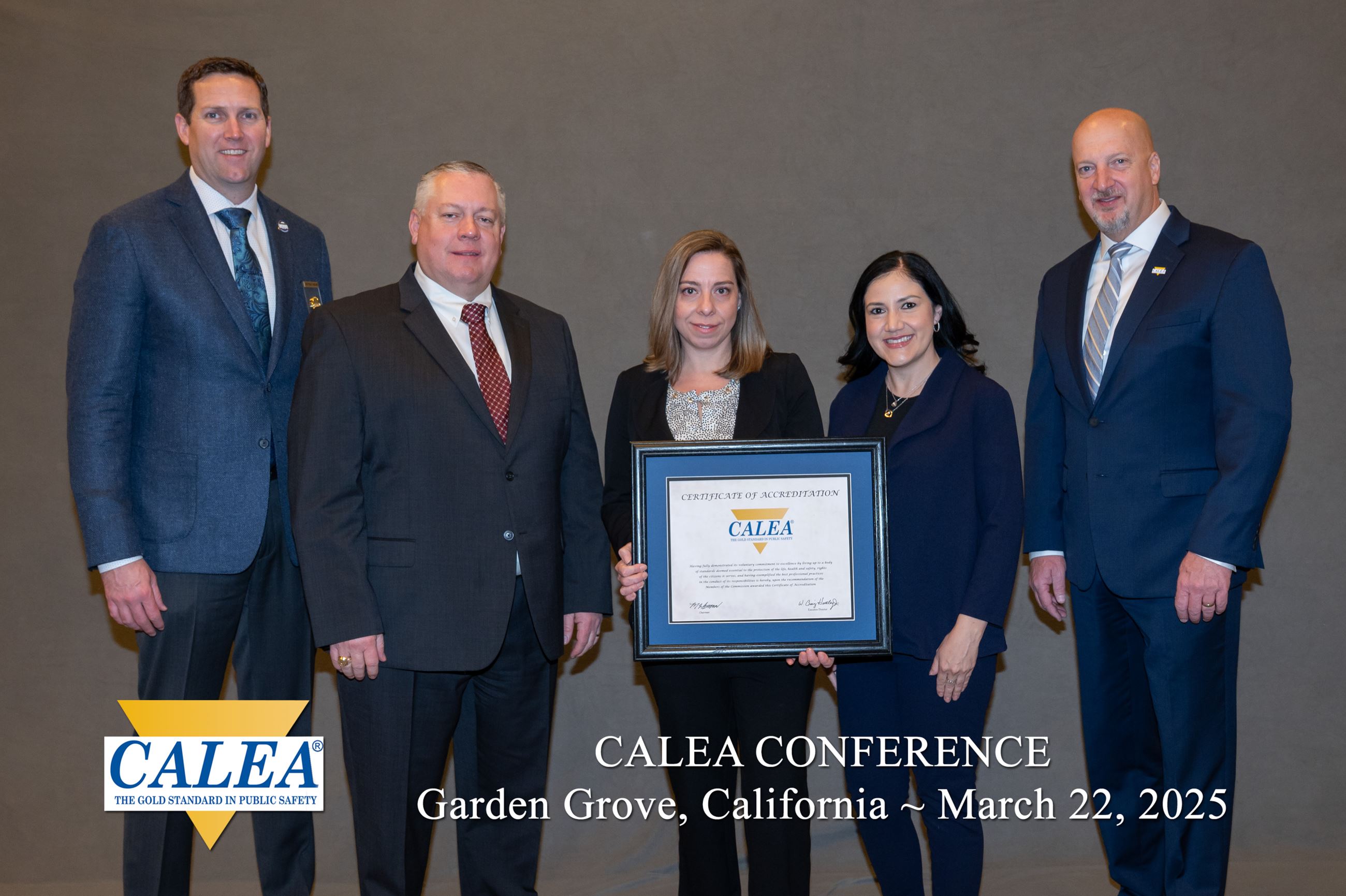 Left to right: Colorado State Patrol Colonel Matthew Packard, Pueblo Police Chief of Police Chris Noeller, Pueblo Police Accreditation Manager Corporal Katie LaConte, Pueblo Police Sergeant Antoinette Ramos, CALEA Executive Director Craig Hartley